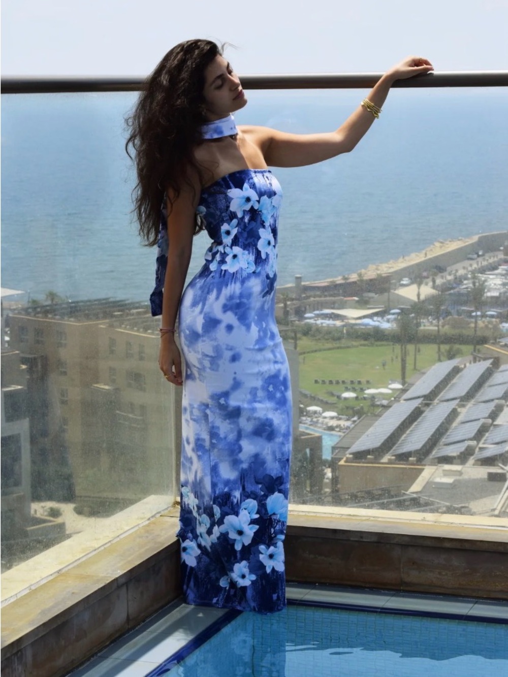 Strapless Blue Floral Maxi Dress with Neck Scarf made in France